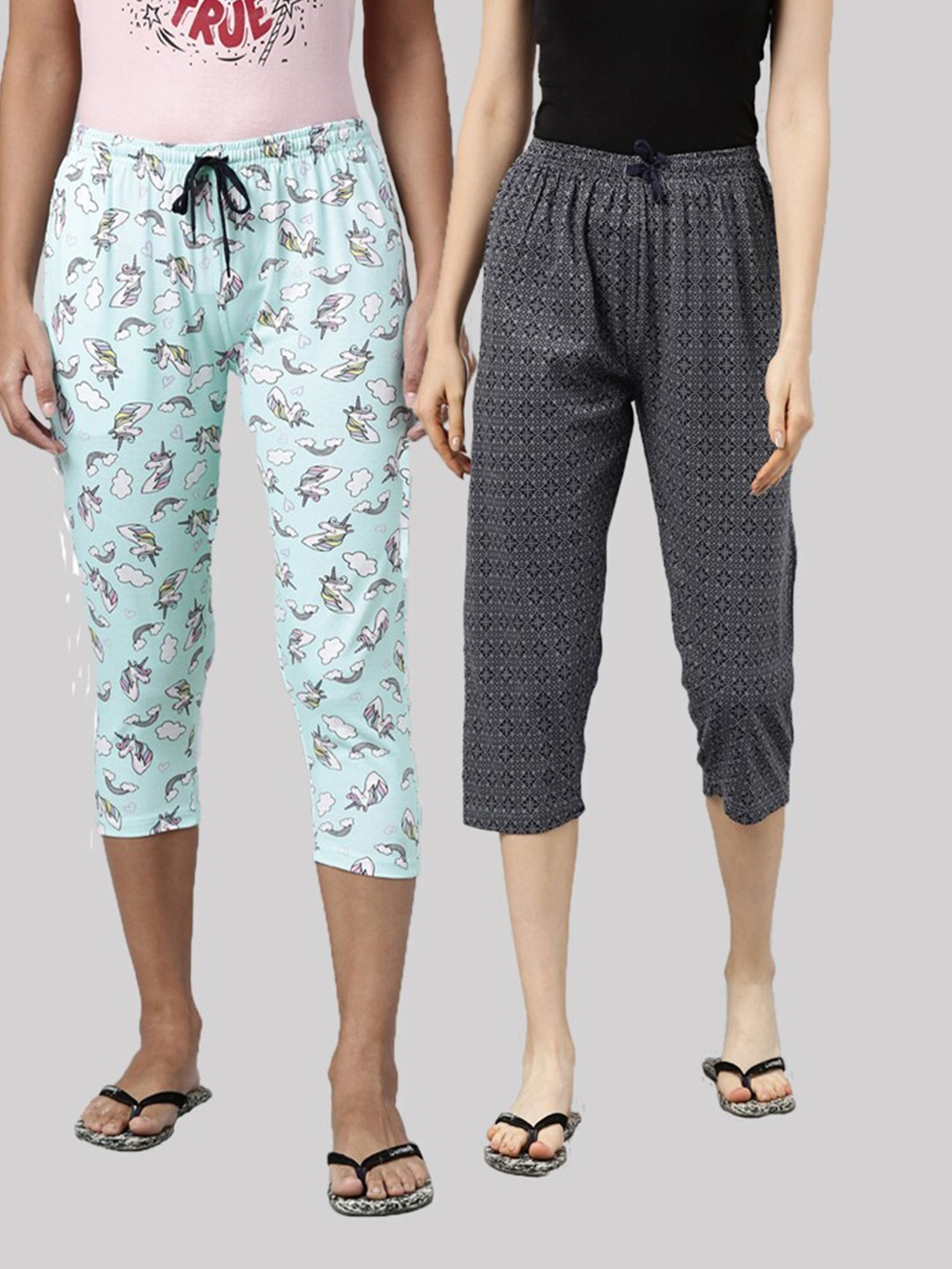

Kryptic Women Set Of 2 Blue & Black Printed Pure Cotton Capris