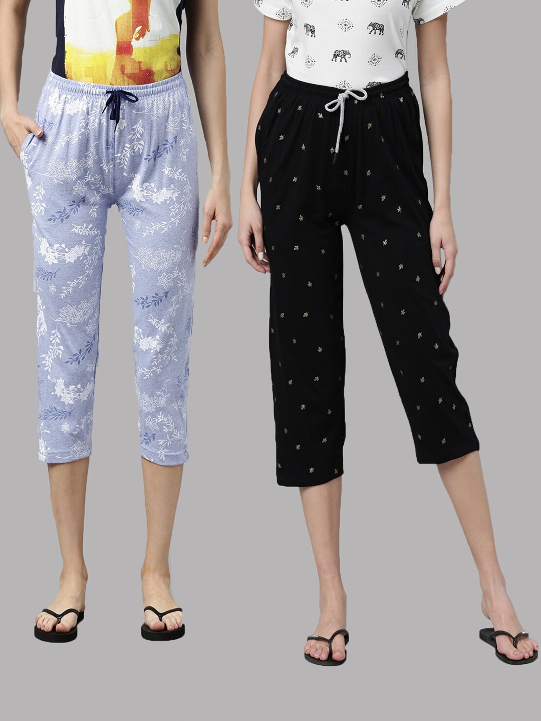 

Kryptic Women Blue & Black Pack Of 2 Printed Cotton Capris