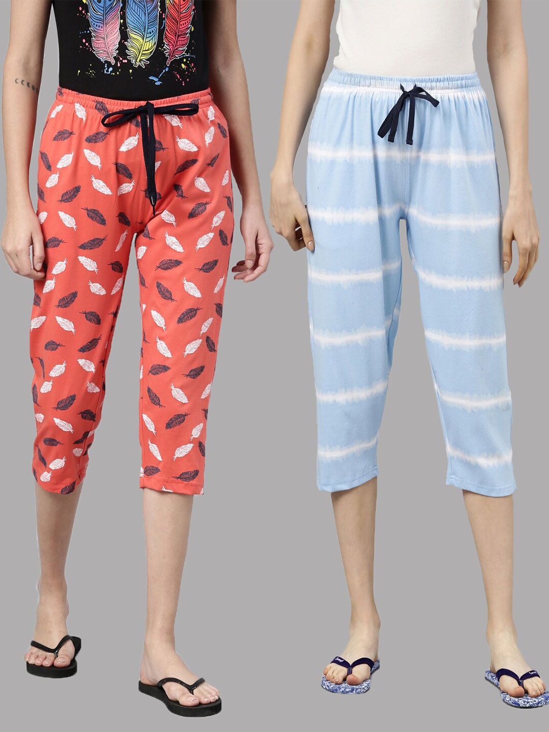 

Kryptic Women Set Of 2 Orange & Blue Printed Pure Cotton Capris