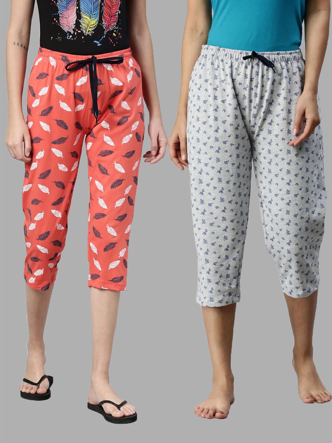 

Kryptic Women Orange & Grey Melange Pack Of 2 Printed Cotton Capris