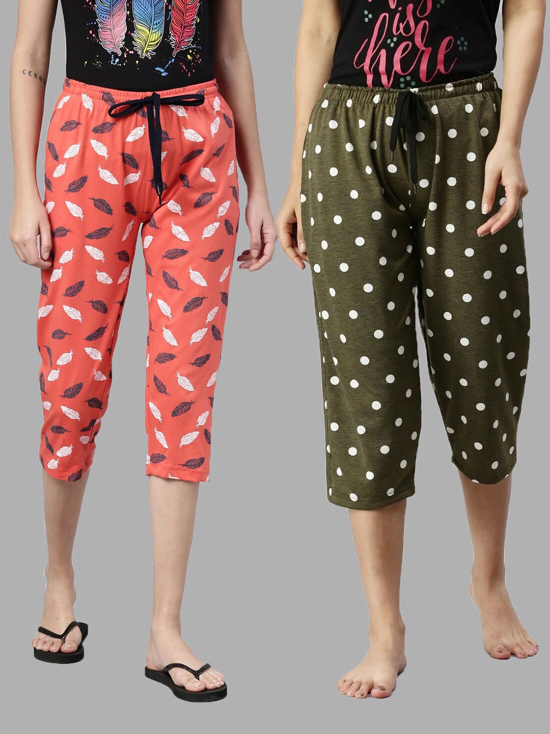 

Kryptic Women Orange & Green Printed Cotton Capris