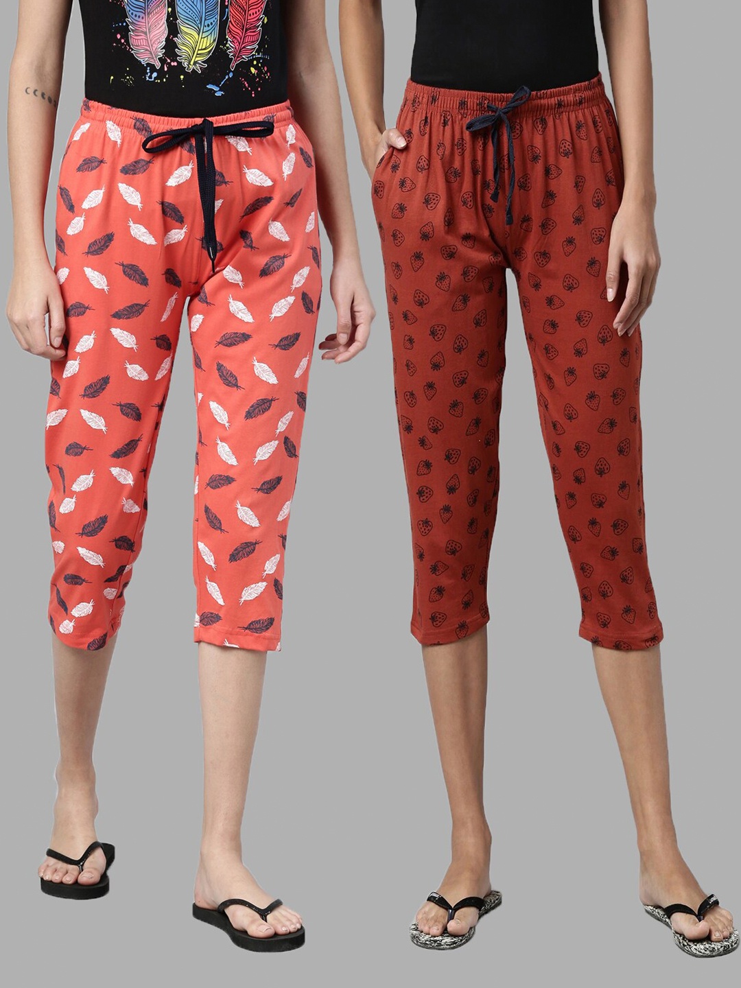 

Kryptic Women Coral & Rust Set of 2 Printed Capris
