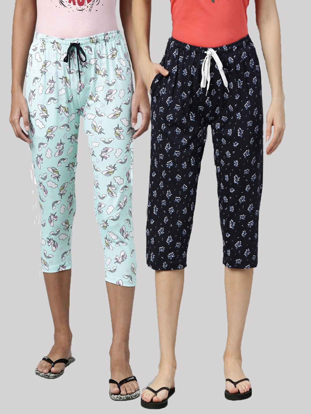 

Kryptic Women Set Of 2 Blue & Black Printed Pure Cotton Capris