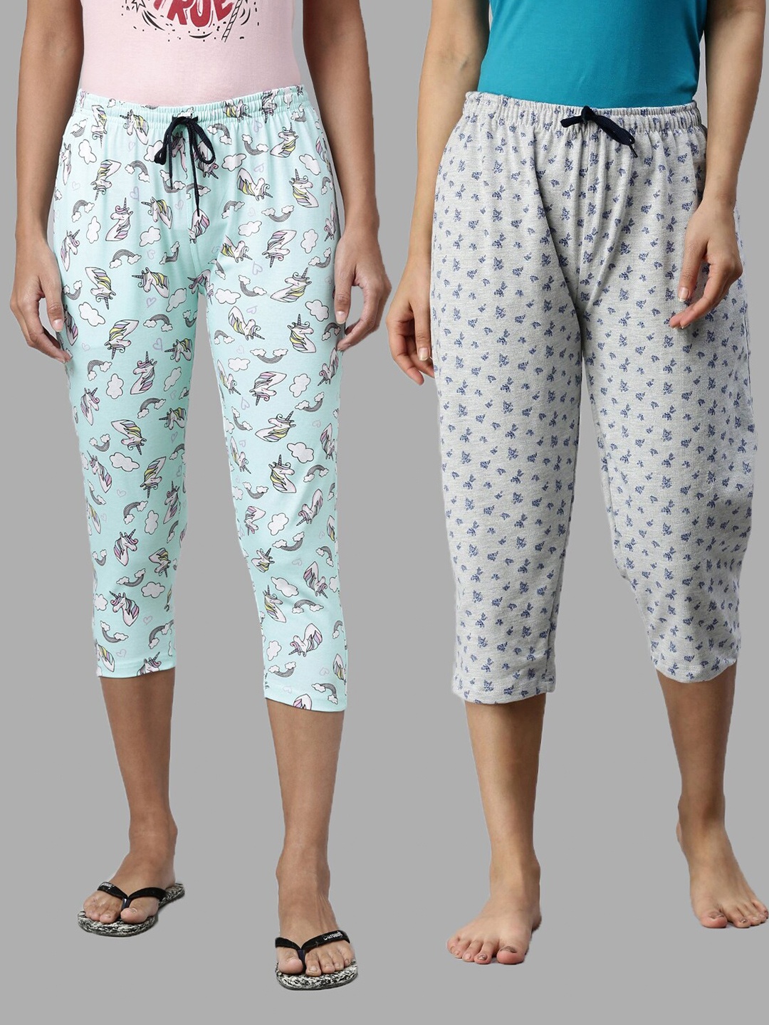 

Kryptic Women Blue & Grey Melange Set Of 2 Printed Capris