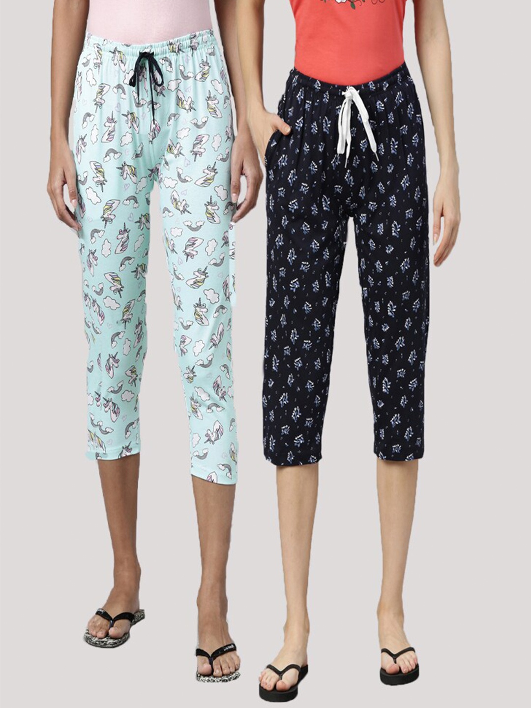 

Kryptic Women Set Of 2 Blue & Navy Blue Printed Pure Cotton Capris