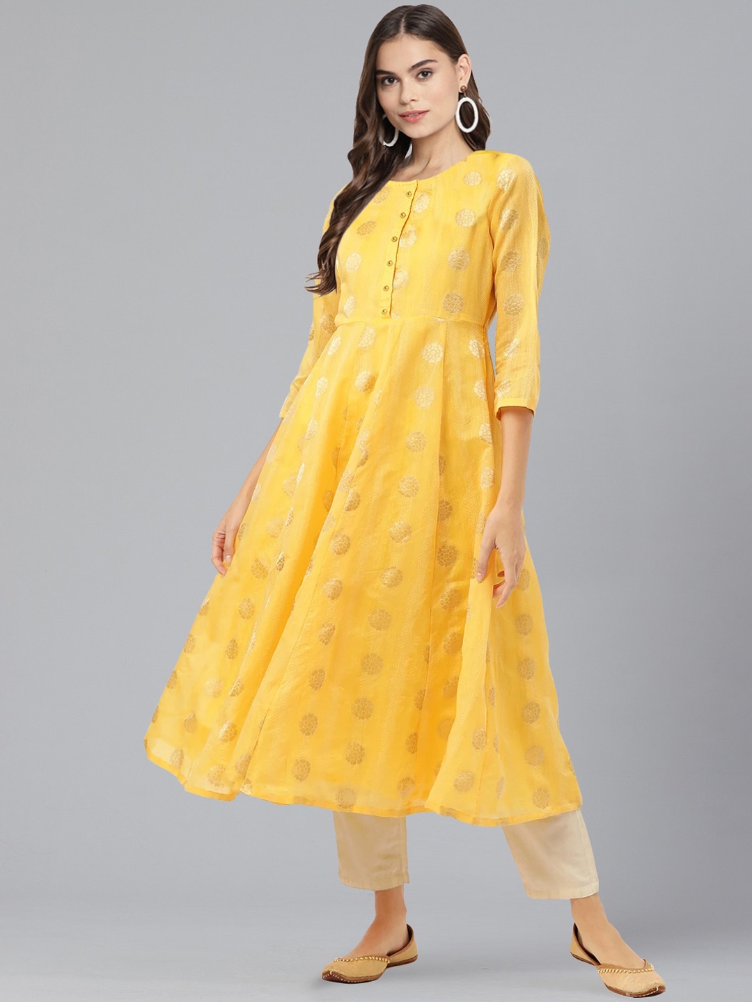 

Ahalyaa Women Yellow Chanderi Silk Anarkali Kurta