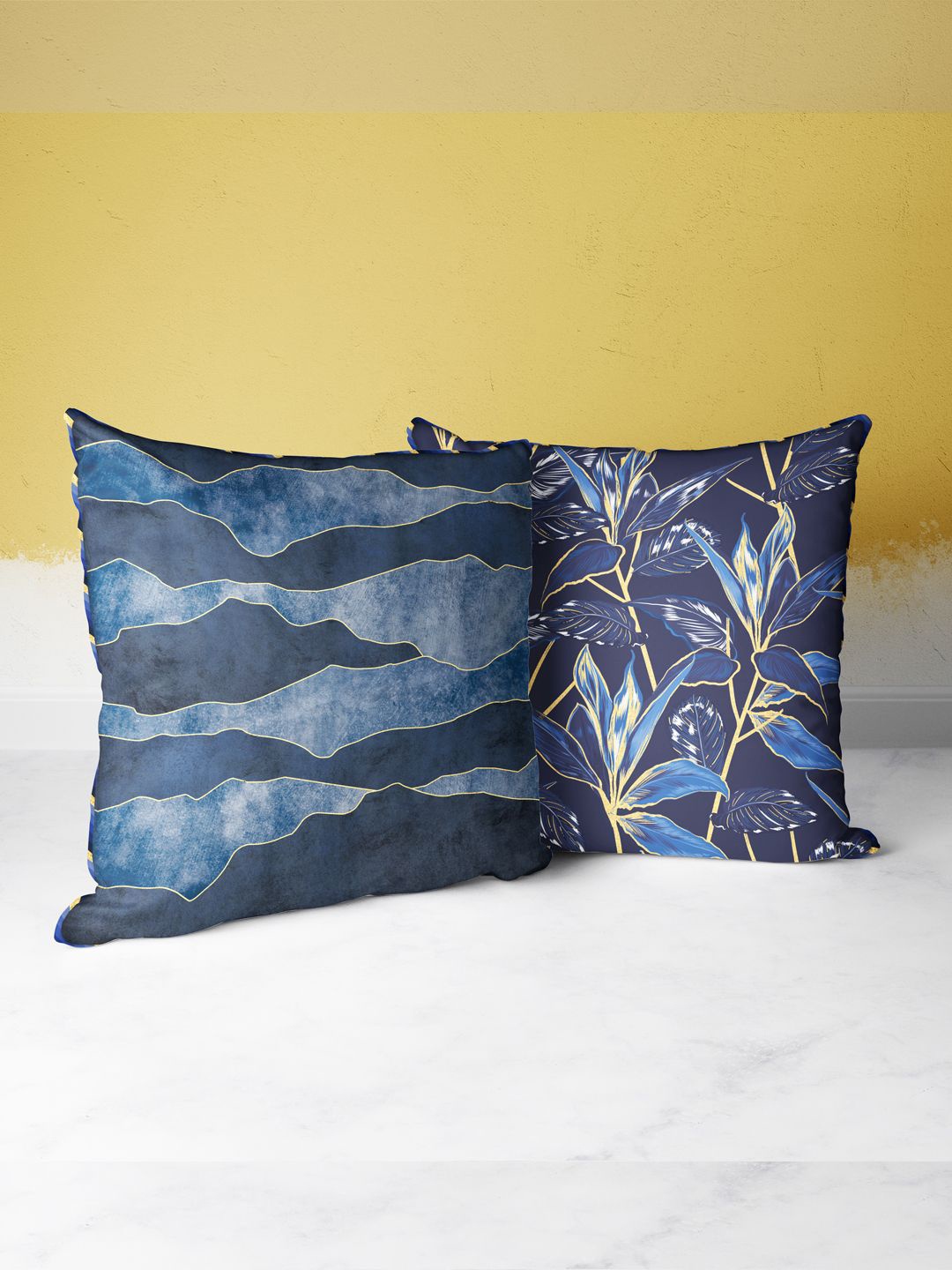 

BIANCA Navy Blue & Gold-Toned Set of 2 Floral Square Cushion Covers