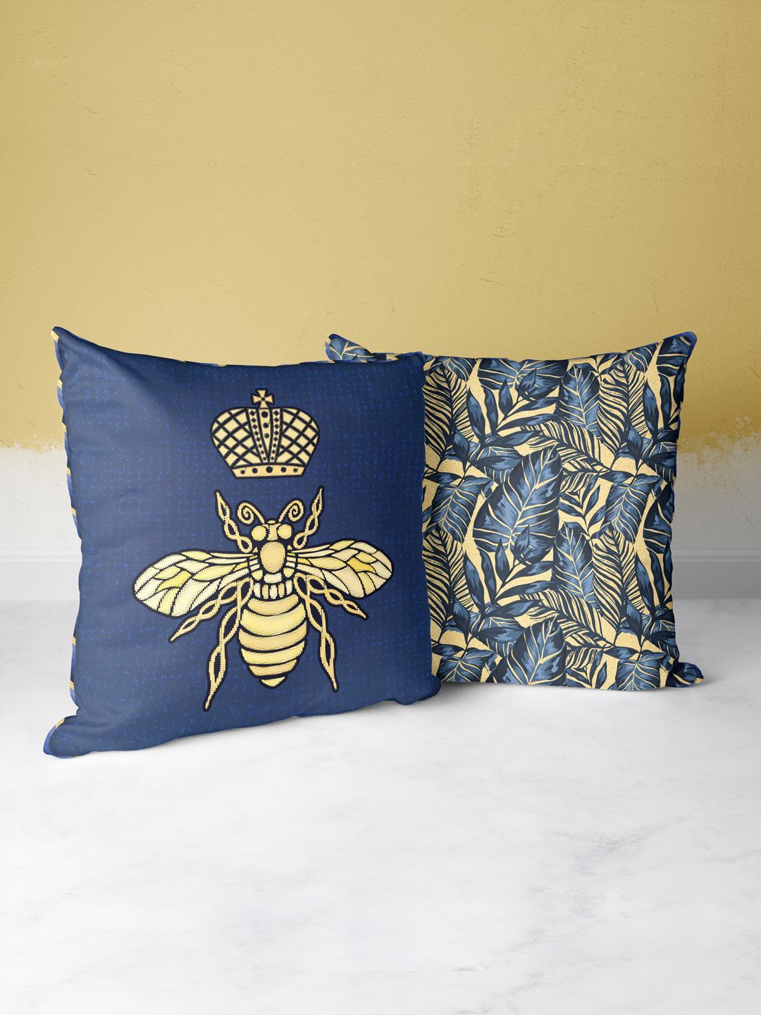 

BIANCA Navy Blue & Gold-Toned Set Of 2 Floral Printed Square Cushion Covers