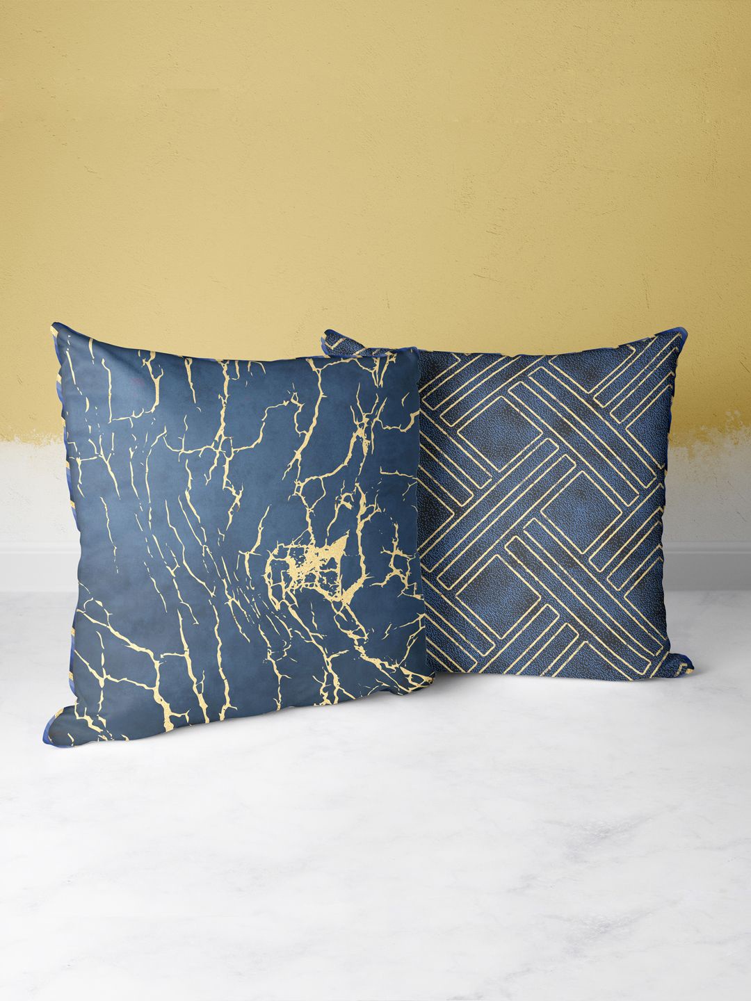 

BIANCA Navy Blue & Gold-Toned Set of 2 Abstract Square Cushion Covers