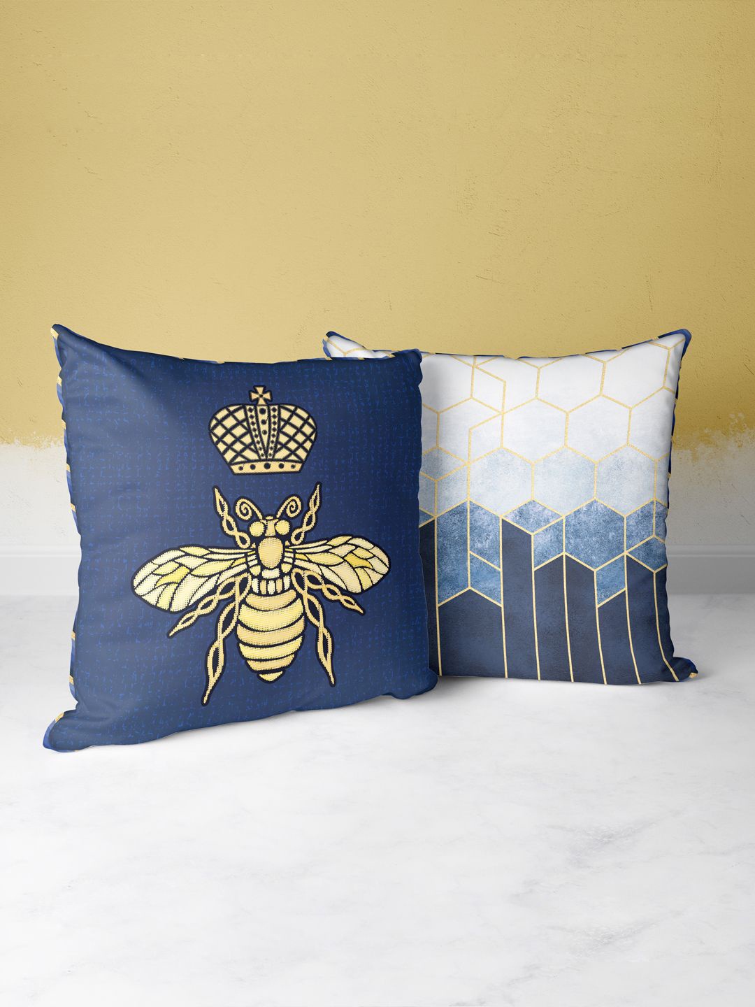 

BIANCA Navy Blue & Gold-Toned Set Of 2 Geometric Printed Square Cushion Covers