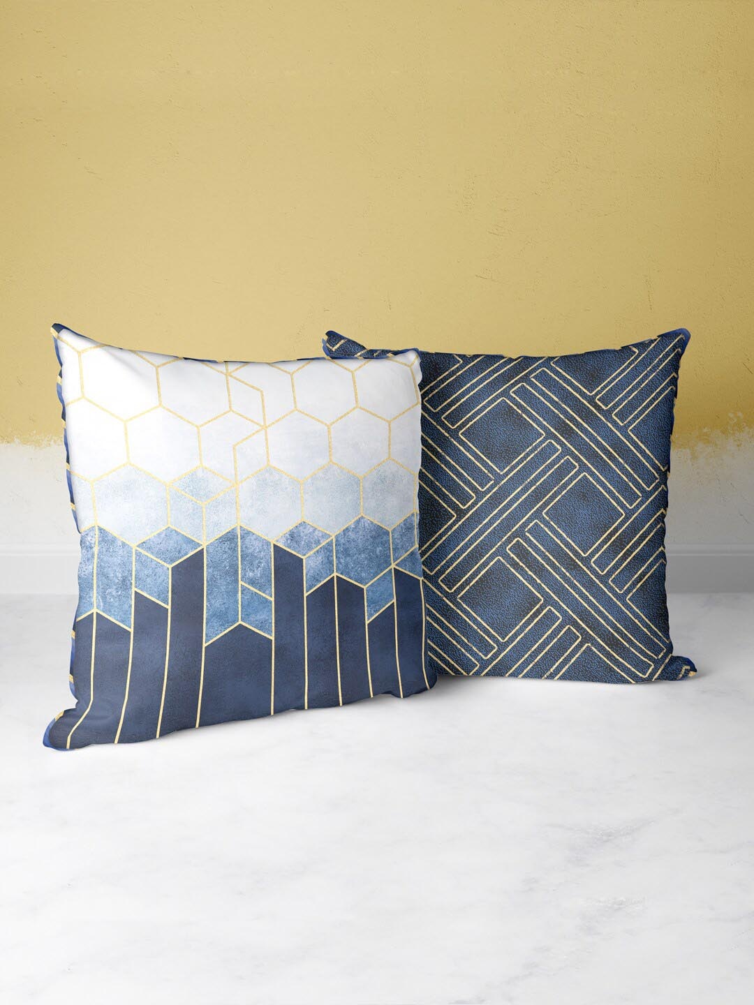 

BIANCA Navy Blue & Gold-Toned Set of 2 Geometric Square Cushion Covers