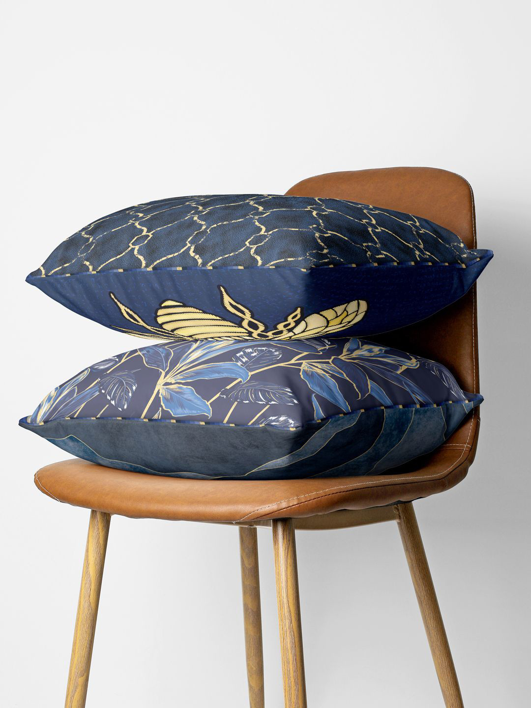 

BIANCA Navy Blue & Gold-Toned Set of 2 Floral Square Cushion Covers