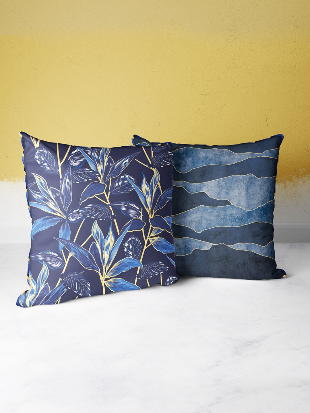 

BIANCA Navy Blue & Gold-Toned Set of 2 Floral Square Cushion Covers
