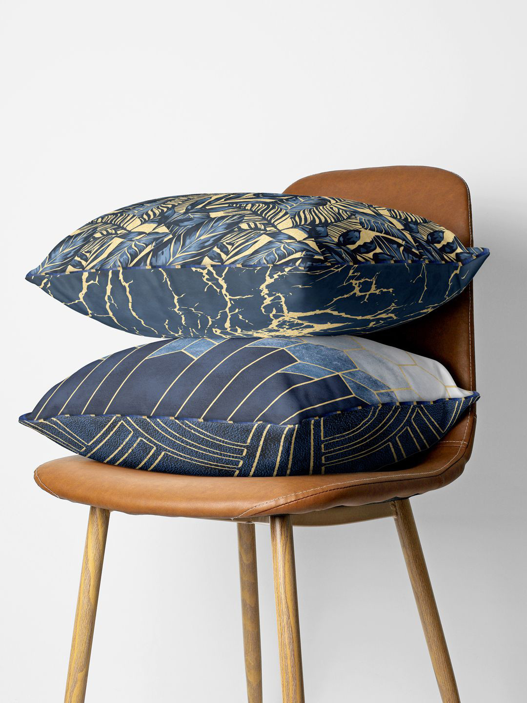 

BIANCA Navy Blue & Gold-Toned Set of 2 Abstract Square Cushion Covers