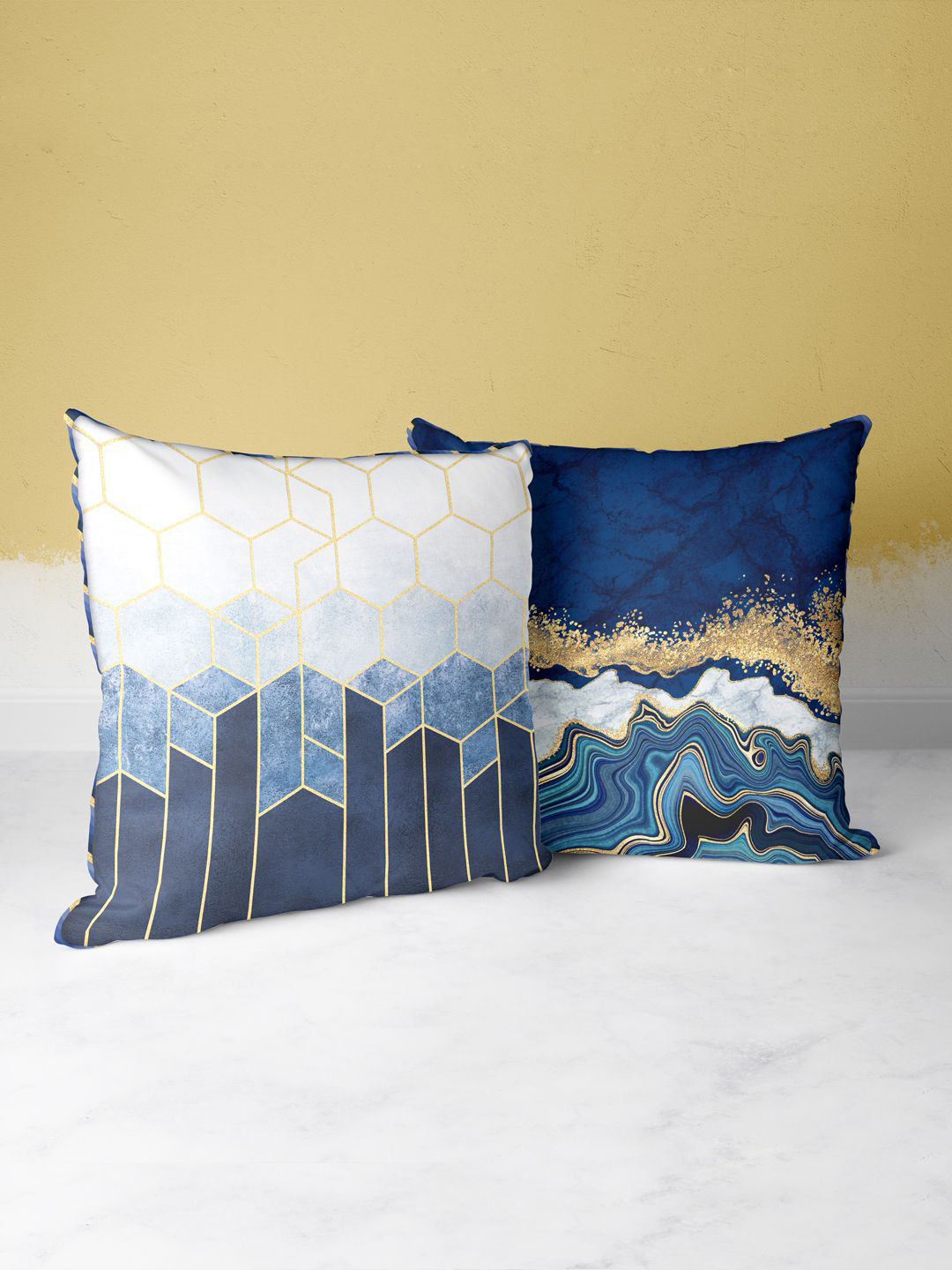 

BIANCA Navy Blue & Gold-Toned Set of 2 Abstract Square Cushion Covers