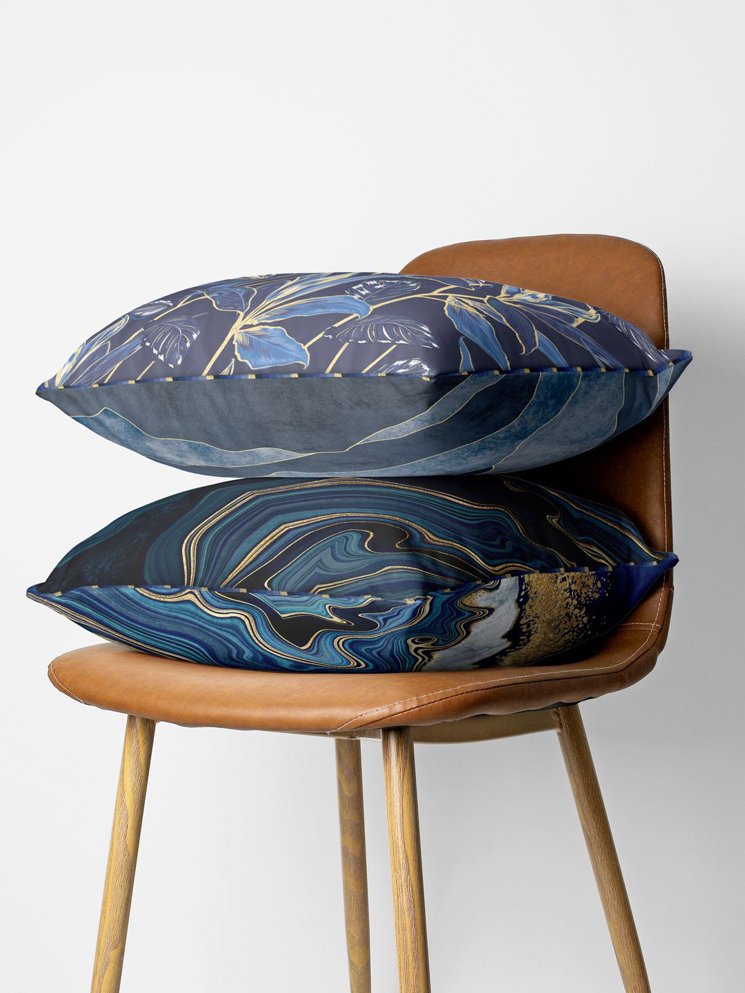 

BIANCA Navy Blue & Gold-Toned Set of 2 Floral Square Cushion Covers