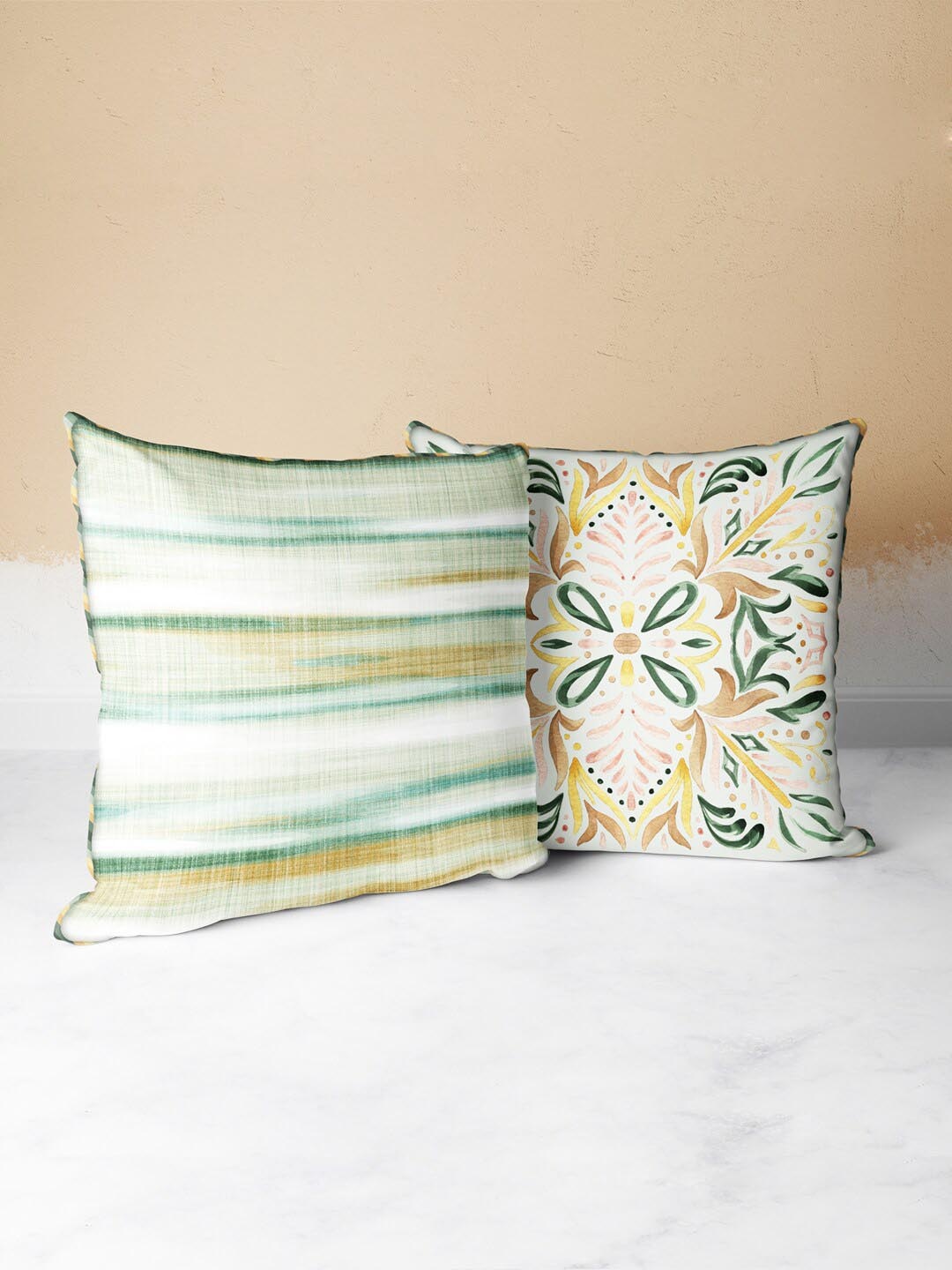 

BIANCA Green & Off White Set of 2 Ethnic Motifs Square Cushion Covers