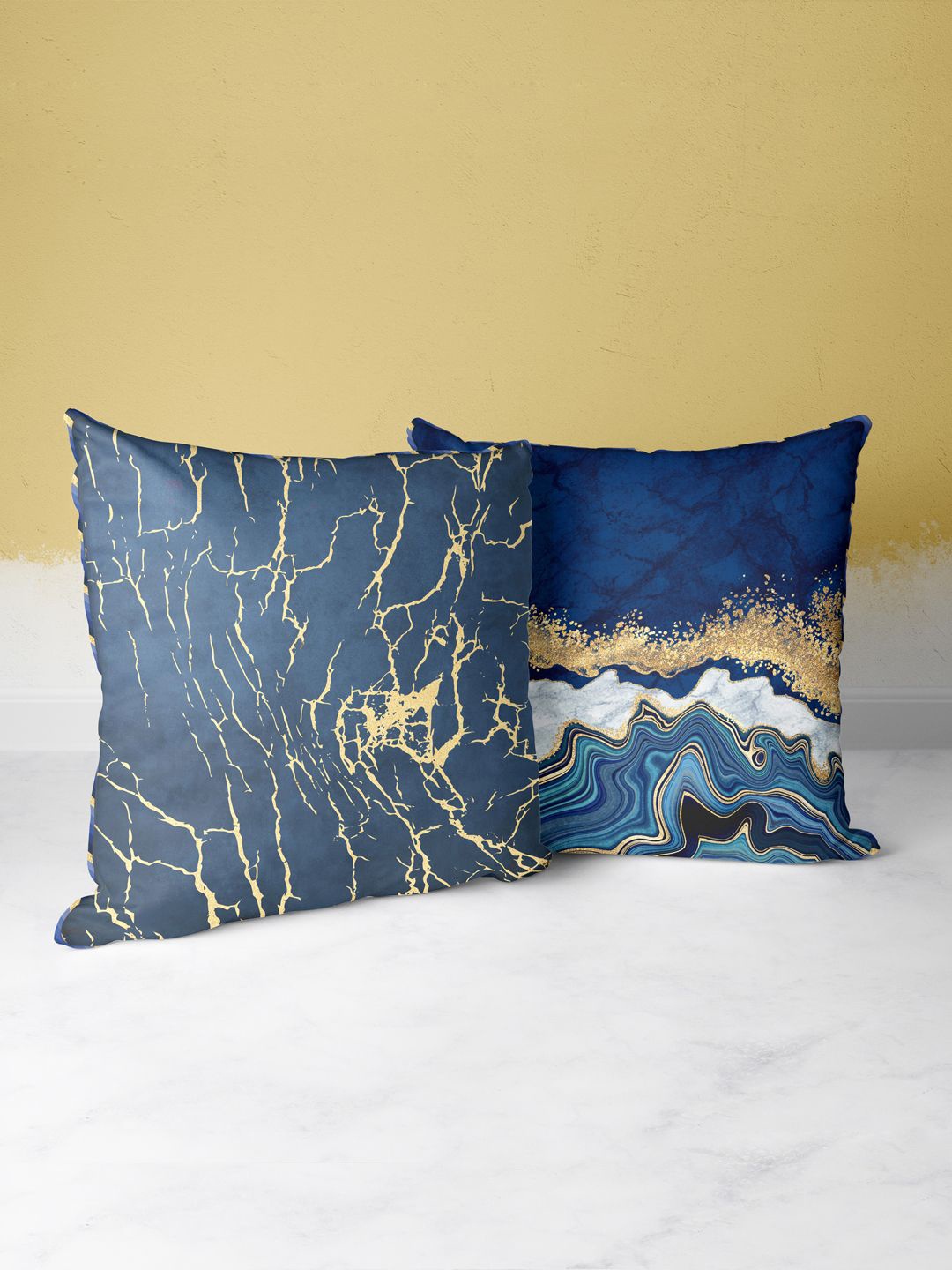 

BIANCA Navy Blue & Gold-Toned Set Of 2 Abstract Printed Square Cushion Covers