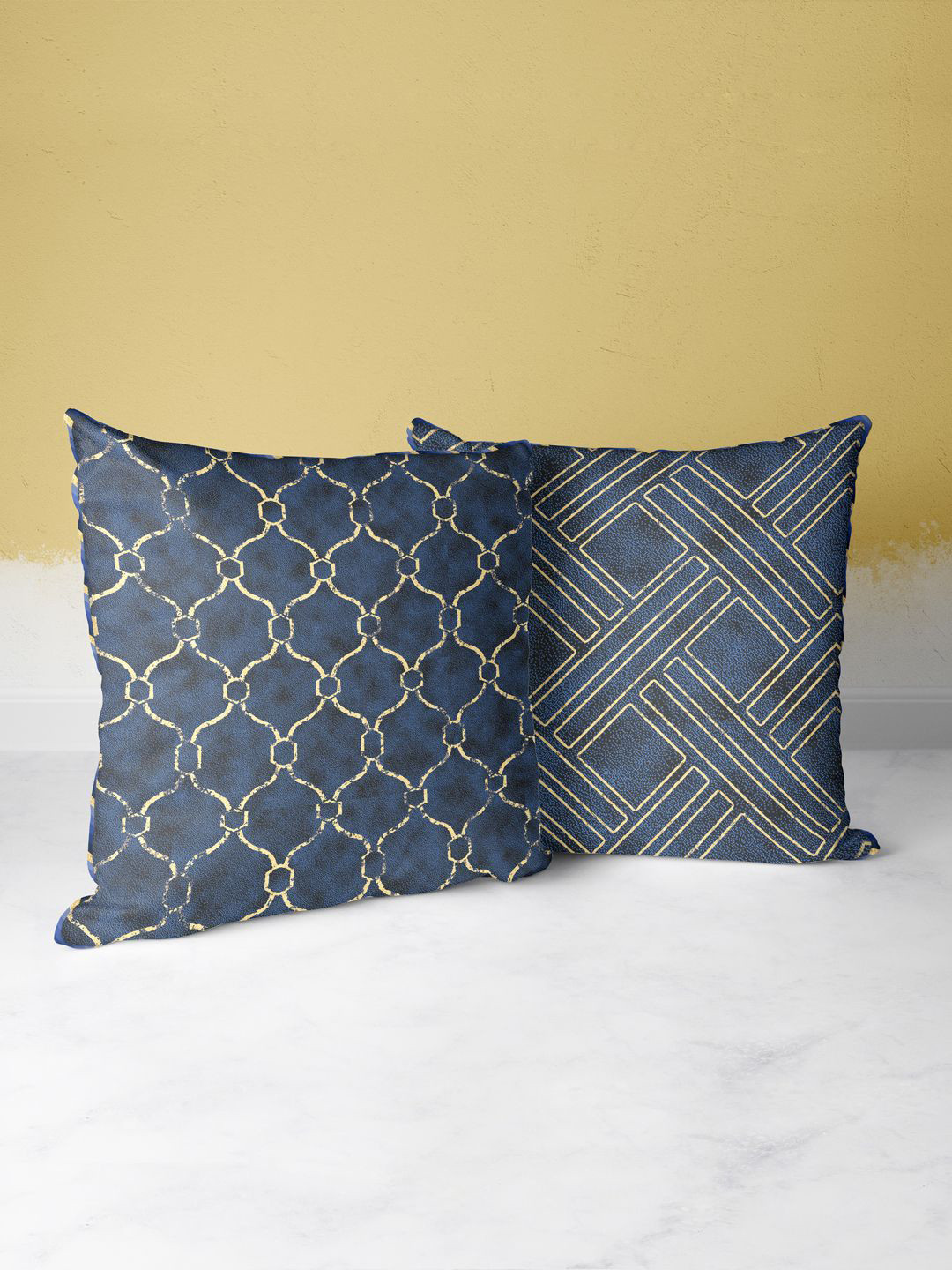 

BIANCA Navy Blue & Gold-Toned Set of 2 Geometric Square Cushion Covers