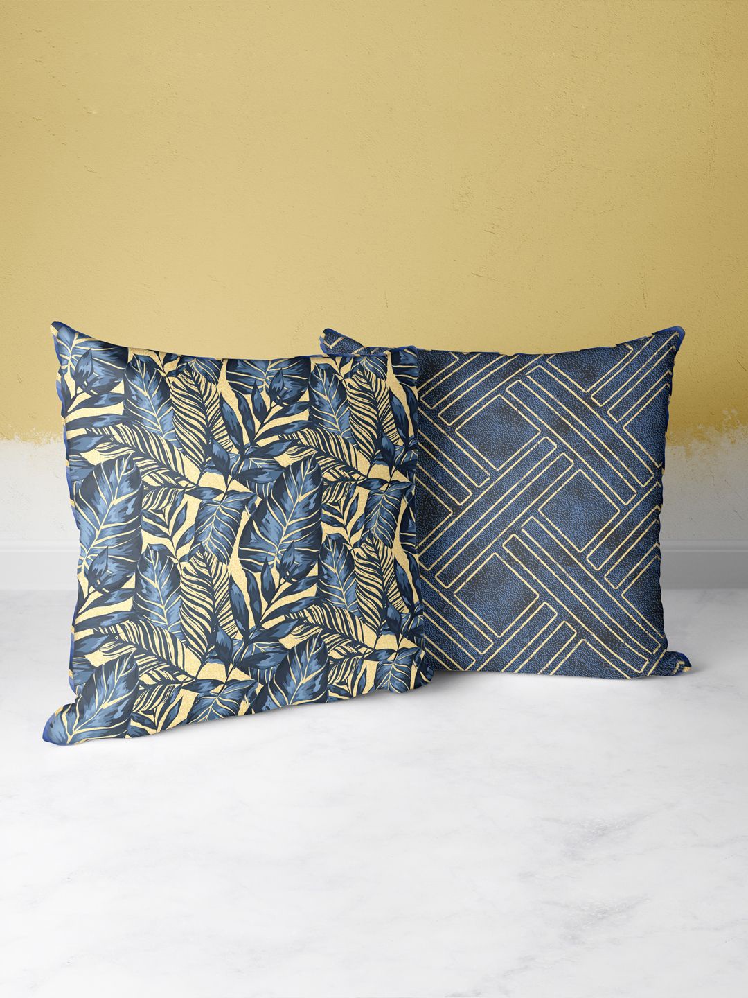 

BIANCA Set of 2 Navy Blue & Gold-Toned Floral Square Cushion Covers