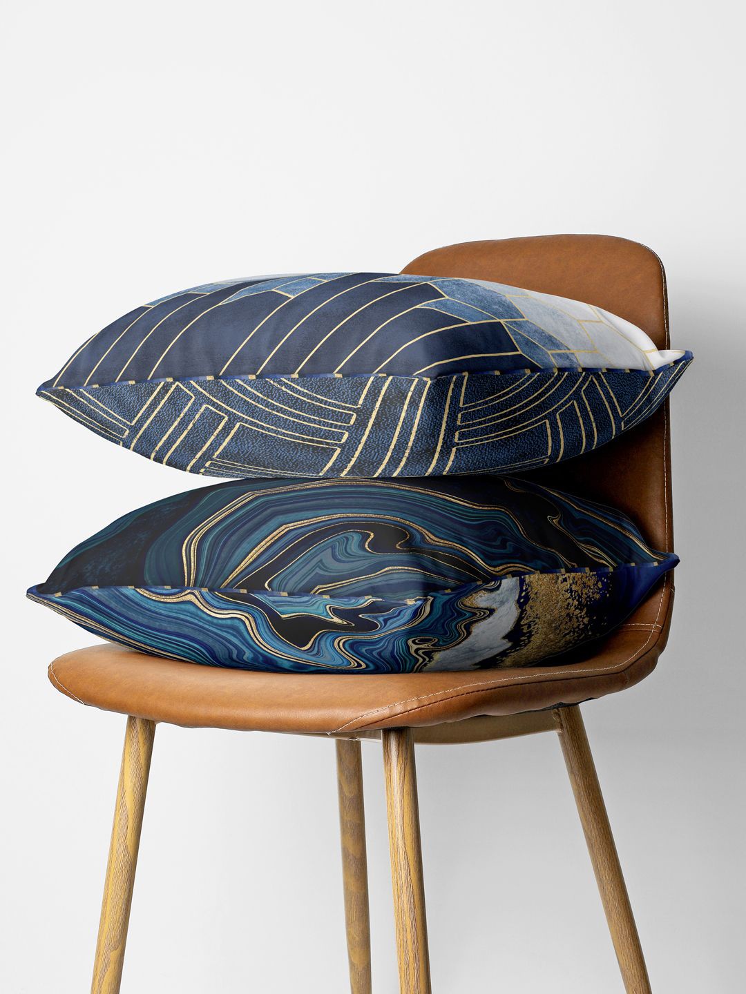 

BIANCA Set Of 2 Navy Blue & Gold-Toned Geometric Square Cushion Covers