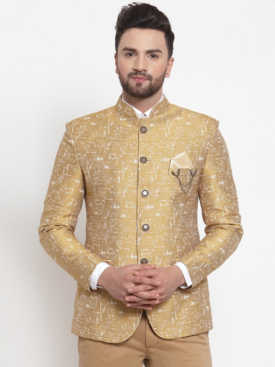 

LUXURAZI Beige & White Self Design Bandhgala Princess Coat