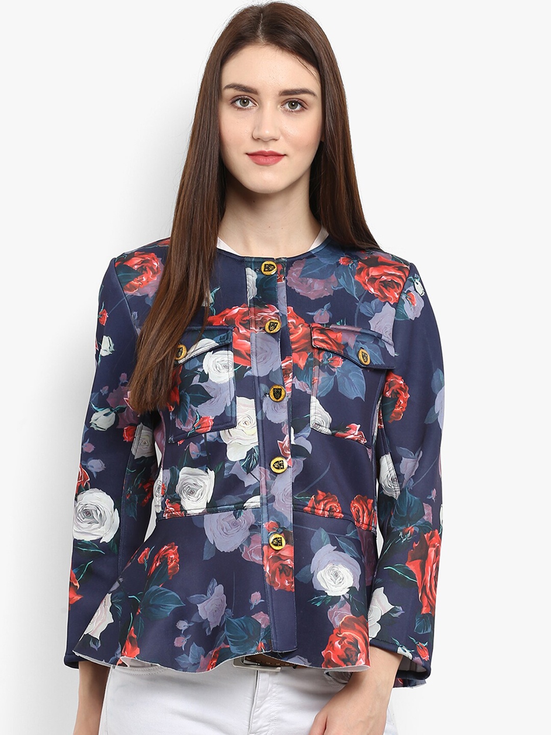 

Zima Leto Women Navy Blue Red Floral Printed Tailored Peplum Jacket