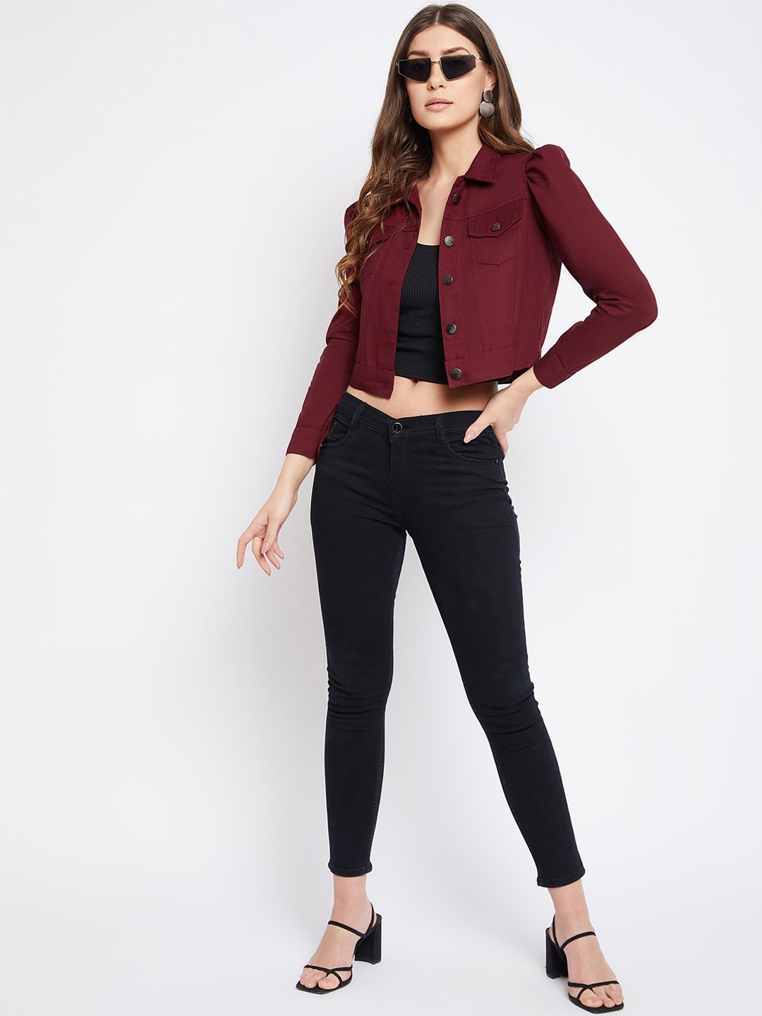 

Uptownie Lite Women Maroon Lightweight Cotton Crop Denim Jacket