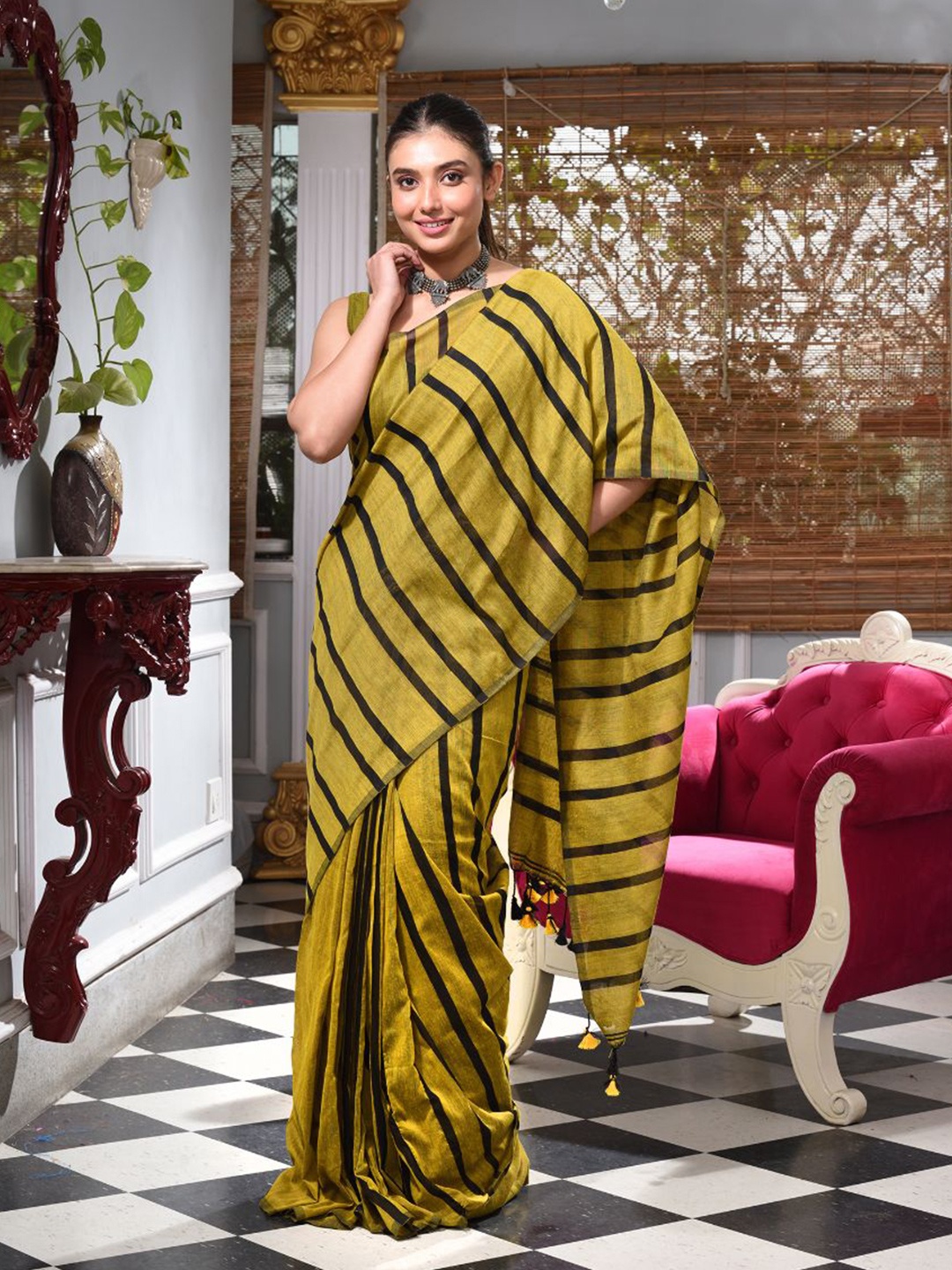 

Charukriti Mustard & Black Striped Handwoven Pure Cotton Saree