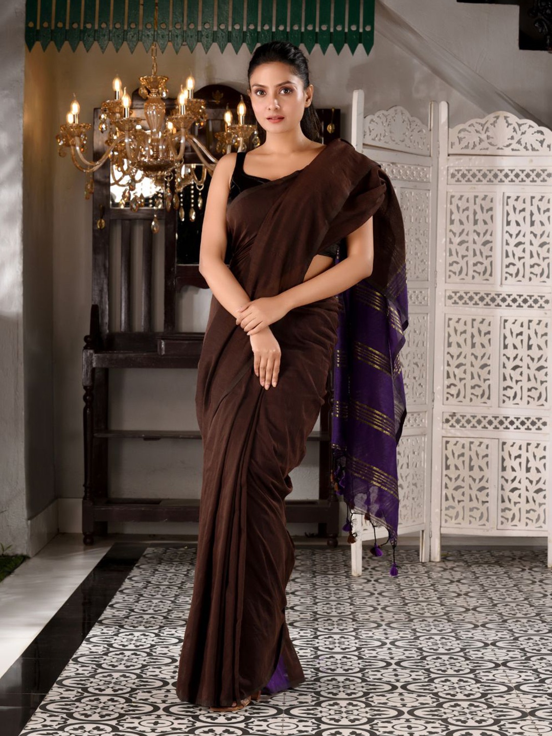 

Charukriti Brown & Violet Solid Pure Cotton Saree