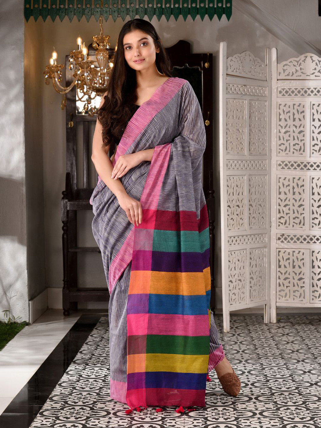 

Charukriti Grey & Multicoloured Striped Pure Cotton Saree