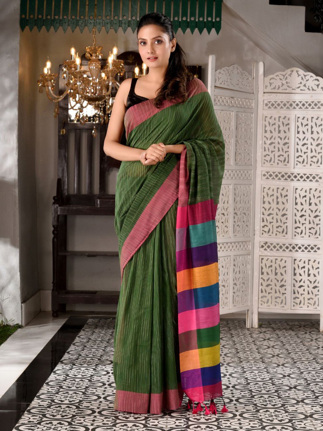 

Charukriti Green & Multi Color Striped Handwoven Pure Cotton Saree