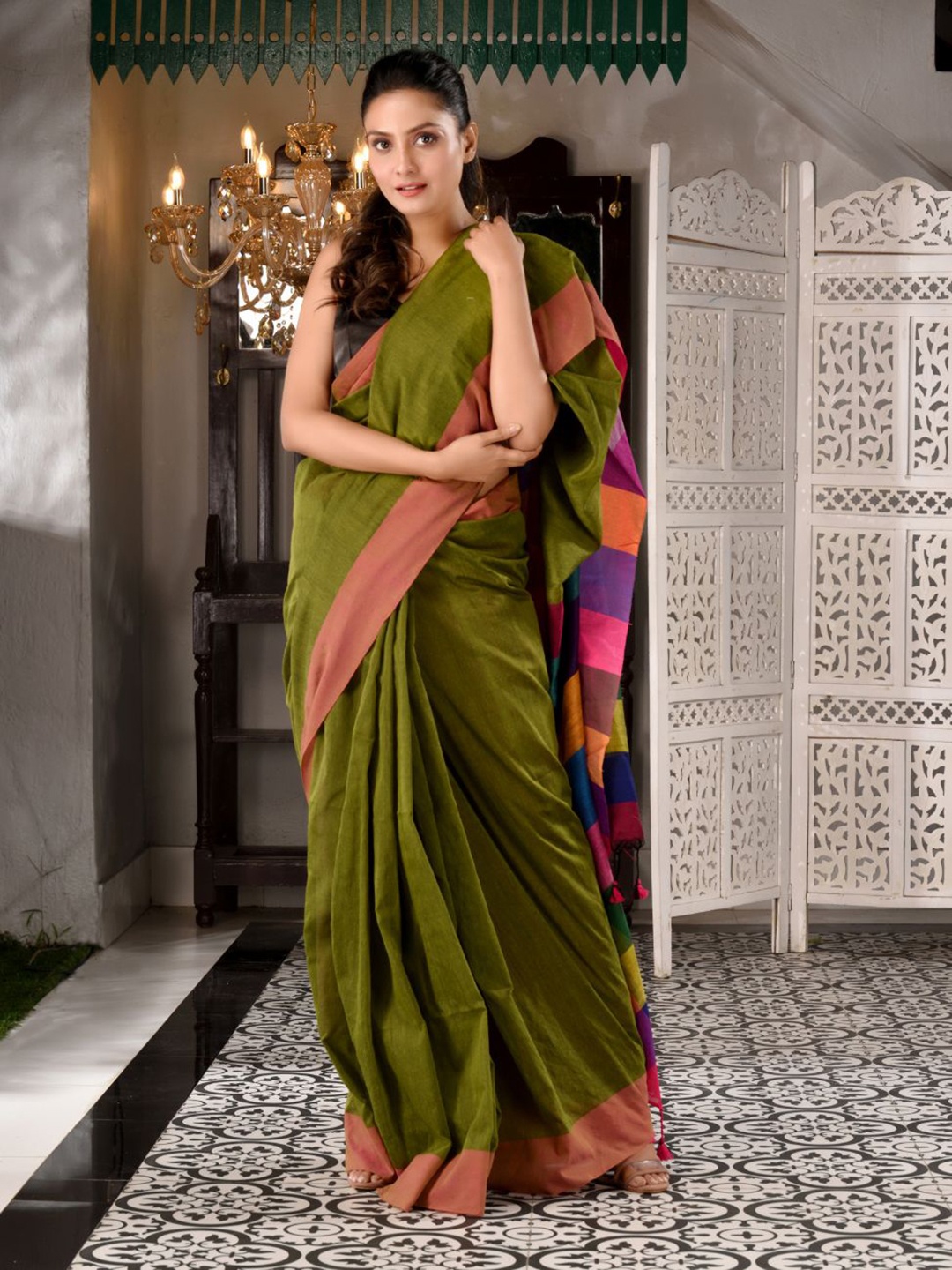 

Charukriti Olive Green & Blue Woven Design Pure Cotton Saree