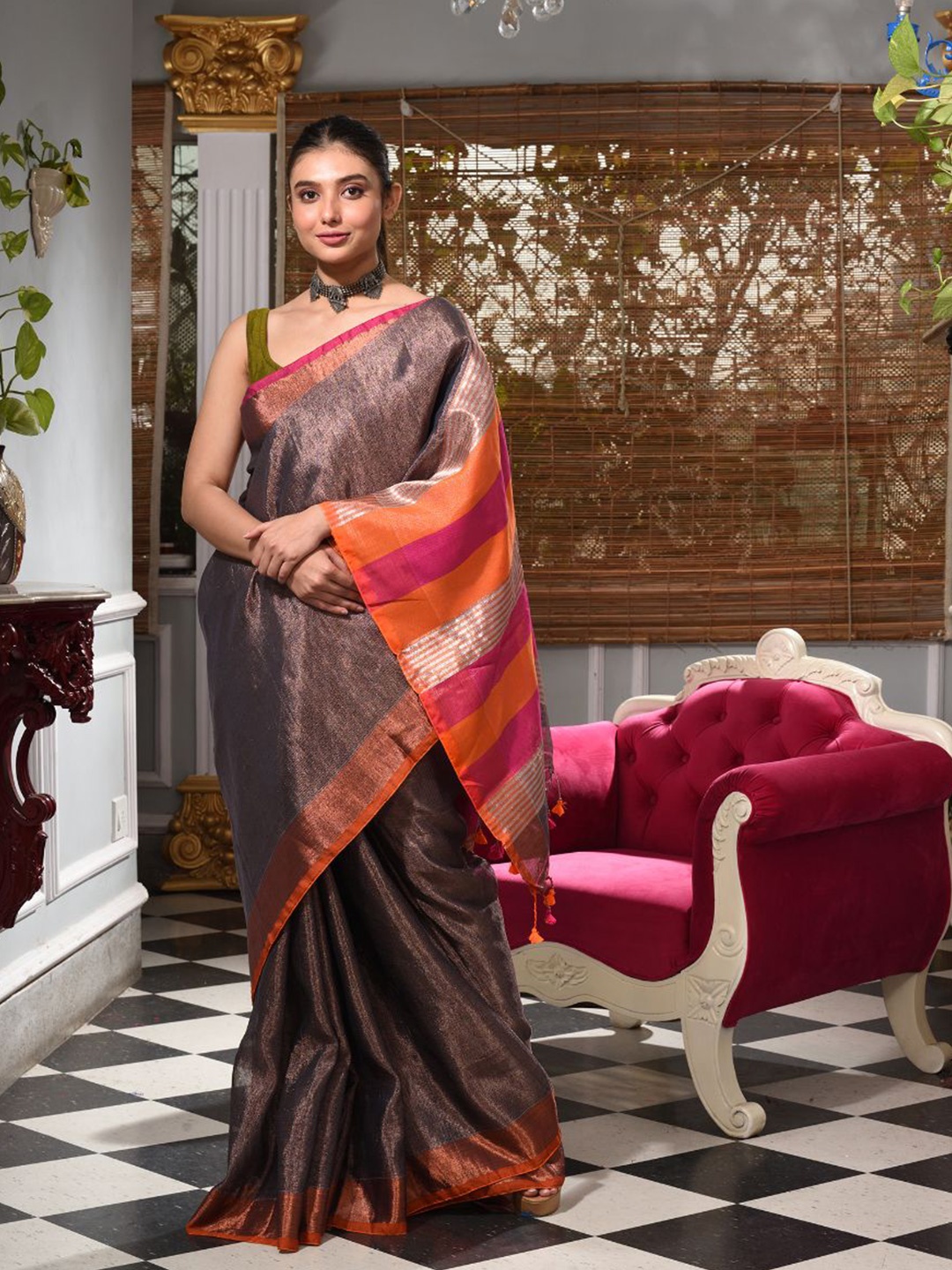 

Charukriti Grey & Orange Woven Design Handloom Tissue Saree
