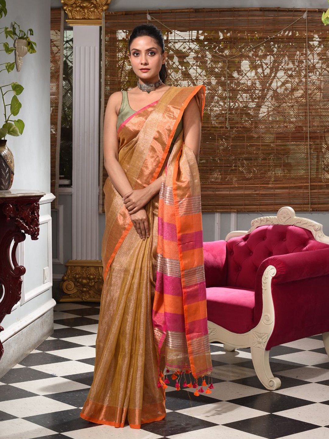 

Charukriti Mustard & Pink Woven Design Tissue Saree
