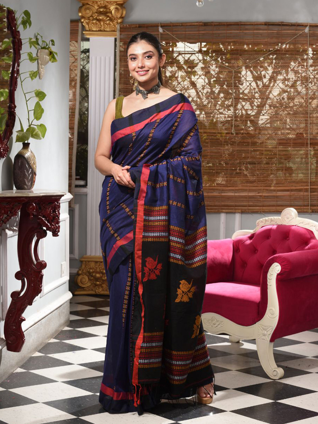 

Charukriti Blue & Pink Woven Design Handloom Saree