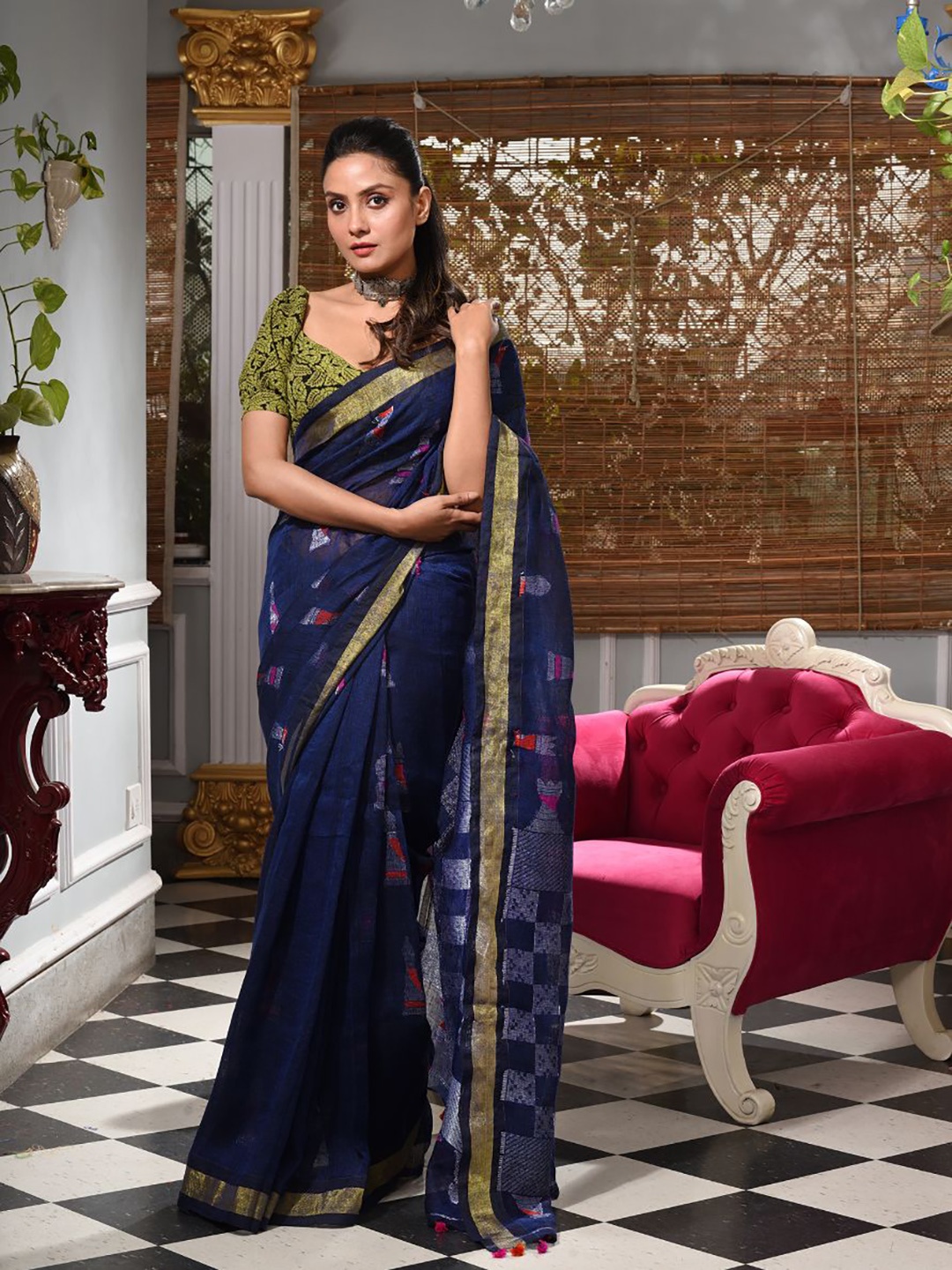 

Charukriti Blue & Gold-Toned Woven Design Handloom Pure Linen Saree