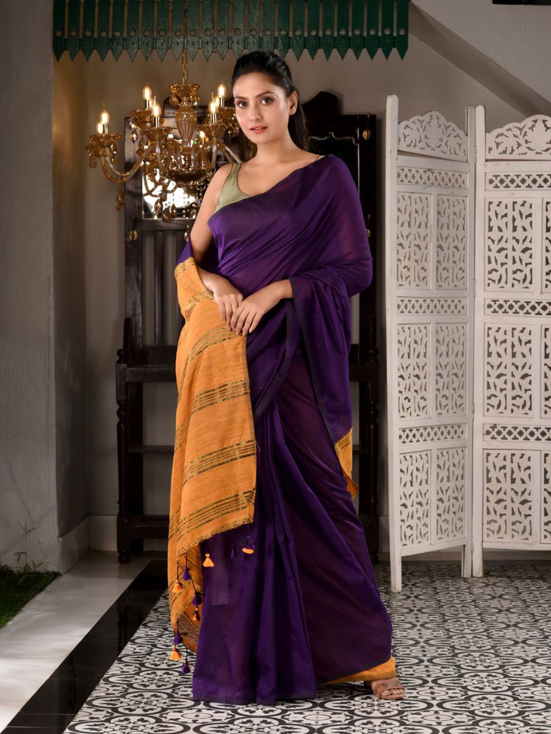 

Charukriti Purple & Mustard Striped Zari Pure Cotton Saree