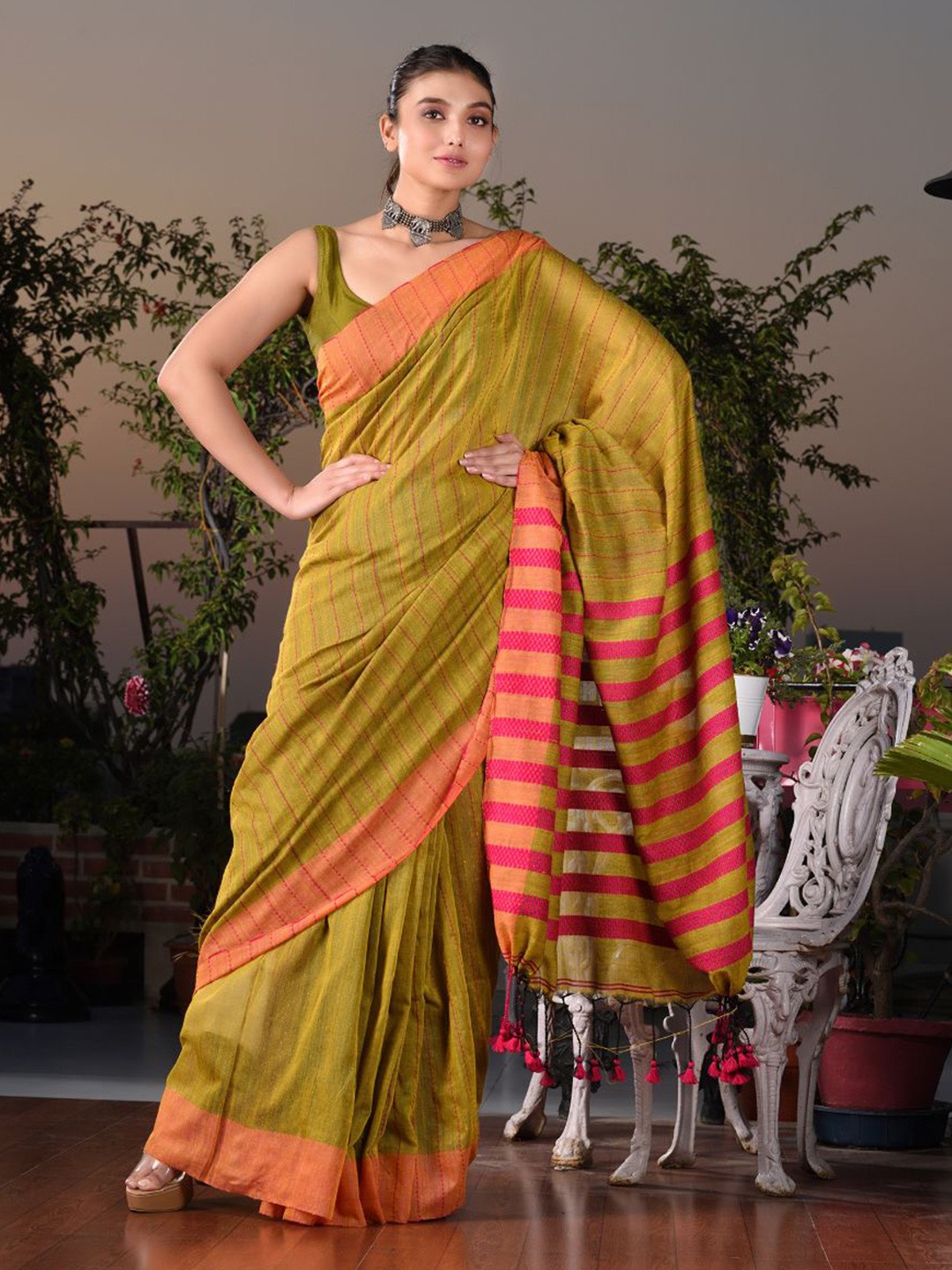 

Charukriti Mustard & Pink Striped Pure Cotton Saree