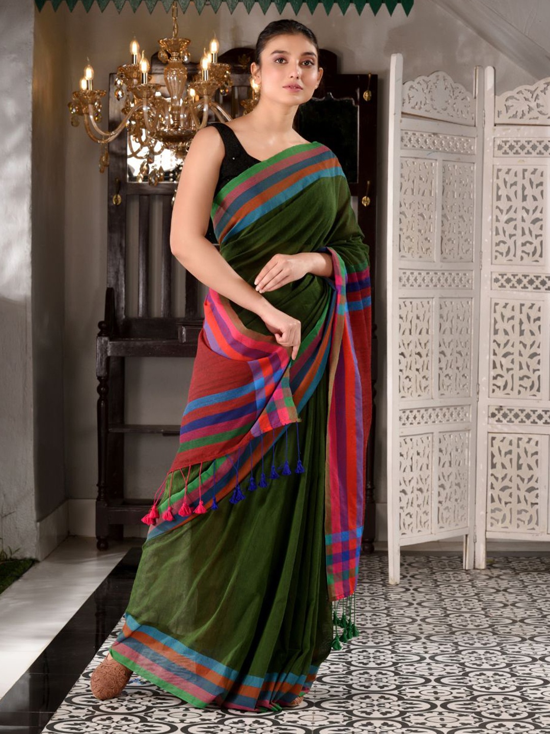 

Charukriti Green & Red Striped Pure Cotton Saree
