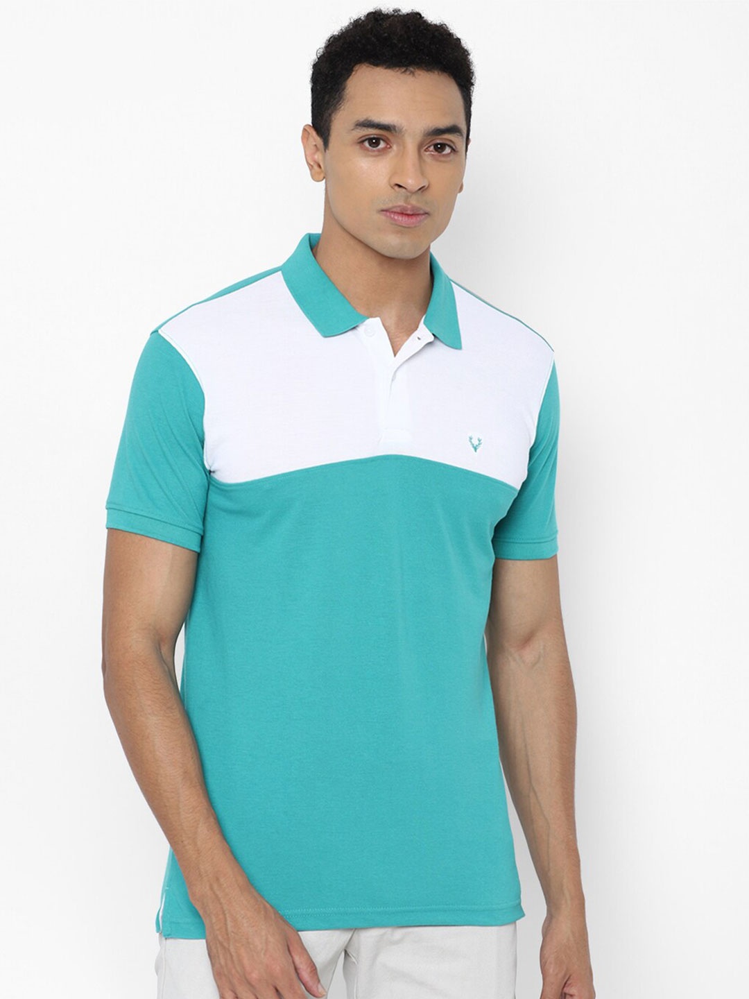

Allen Solly Men Sea Green Colourblocked Pure Cotton Polo Collar T-shirt