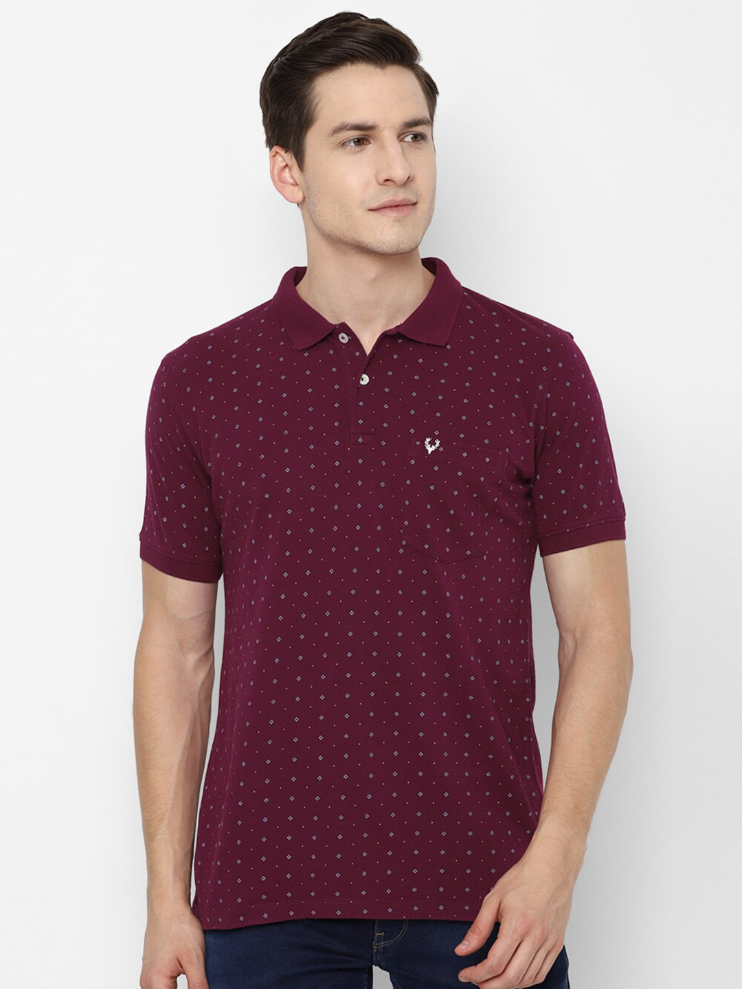 

Allen Solly Men Maroon Micro Ditsy Printed Pure Cotton Polo Collar T-shirt