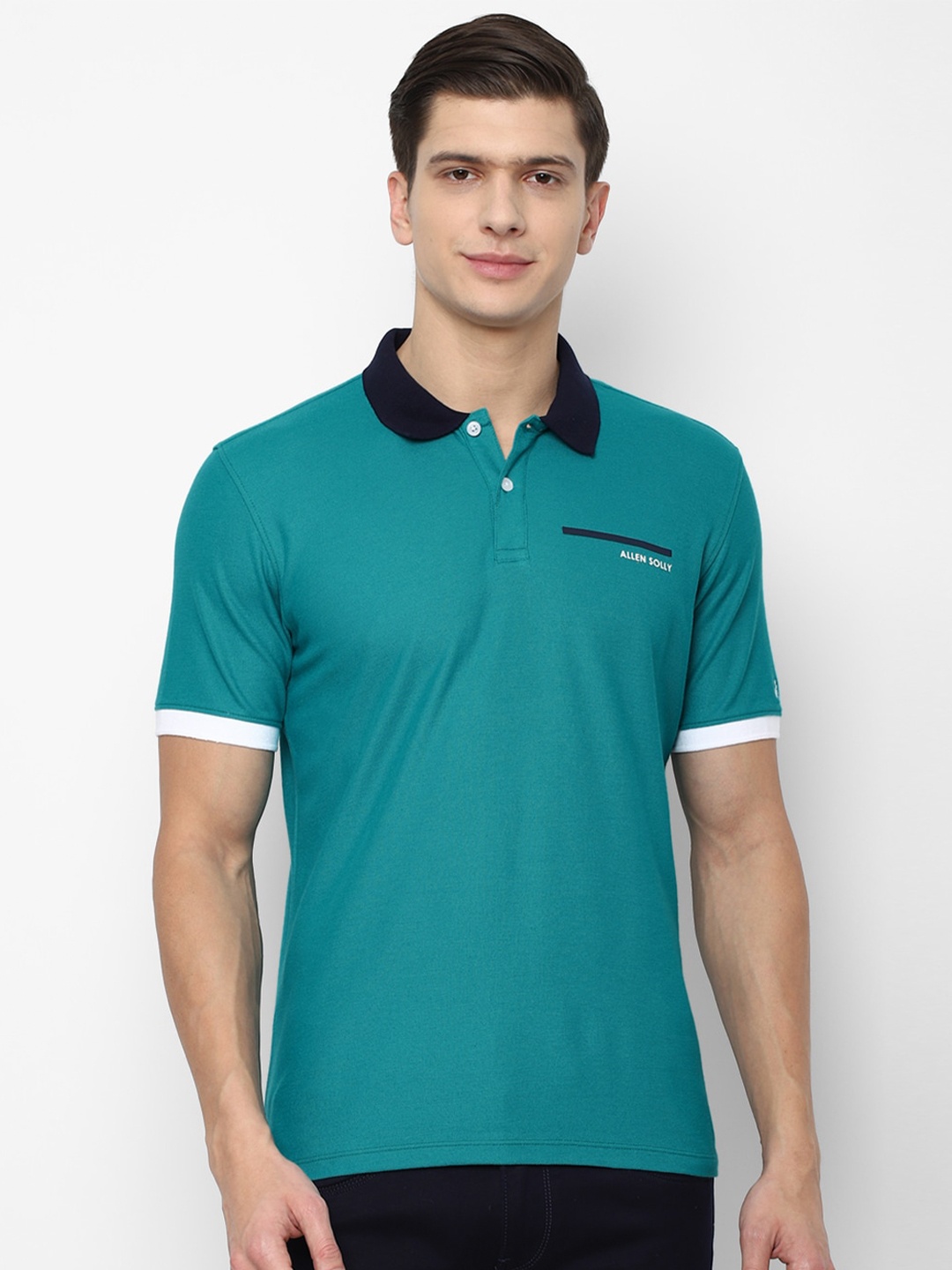 

Allen Solly Men Teal & Black Colourblocked Polo Collar T-shirt
