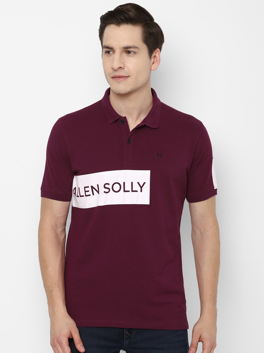 

Allen Solly Men Maroon Typography Colourblocked Polo Collar Applique T-shirt