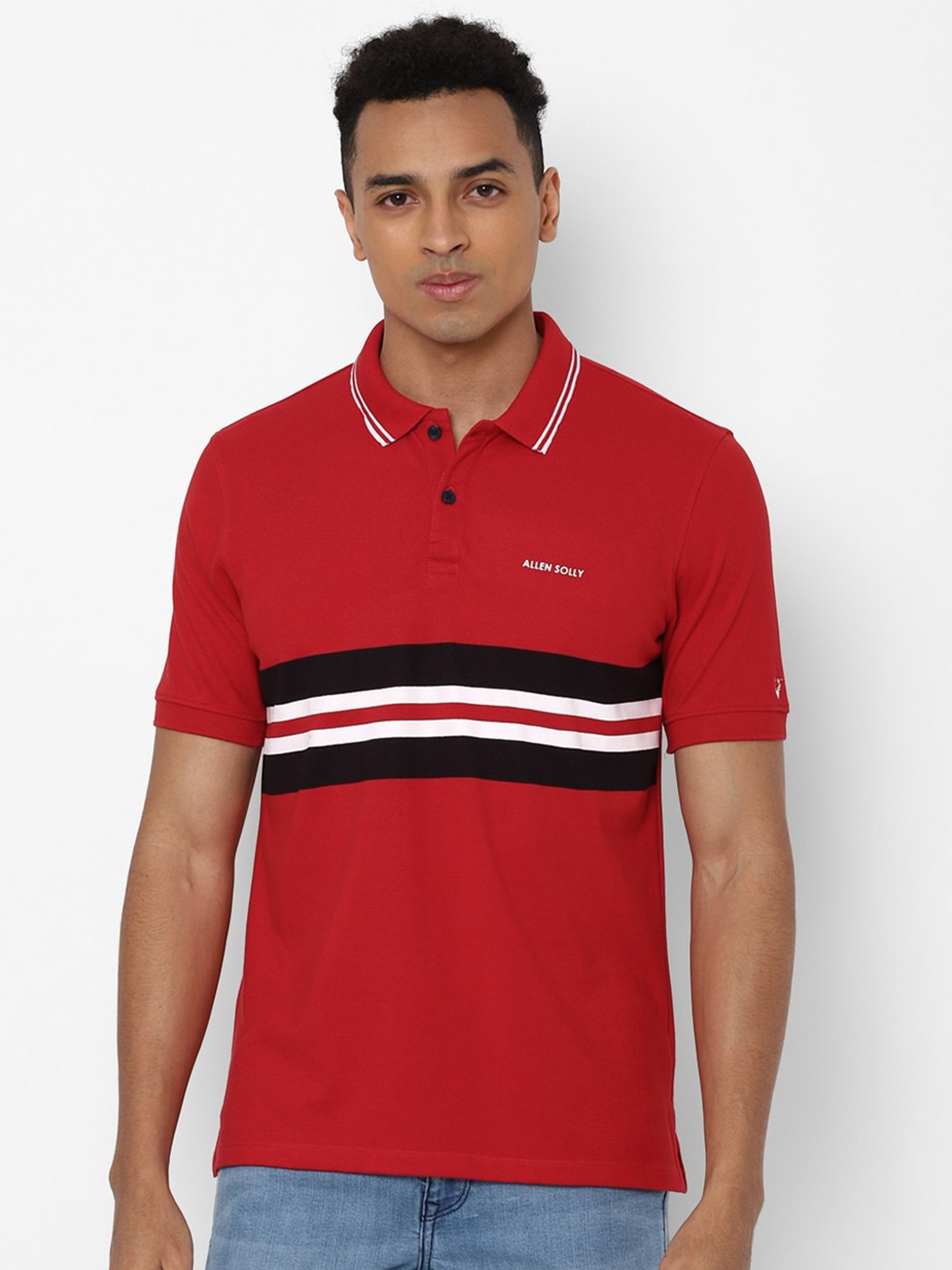 

Allen Solly Men Red & Black Striped Polo Collar Applique T-shirt