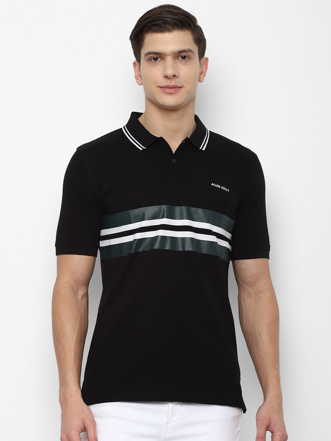 

Allen Solly Men Black Striped Polo Collar T-shirt