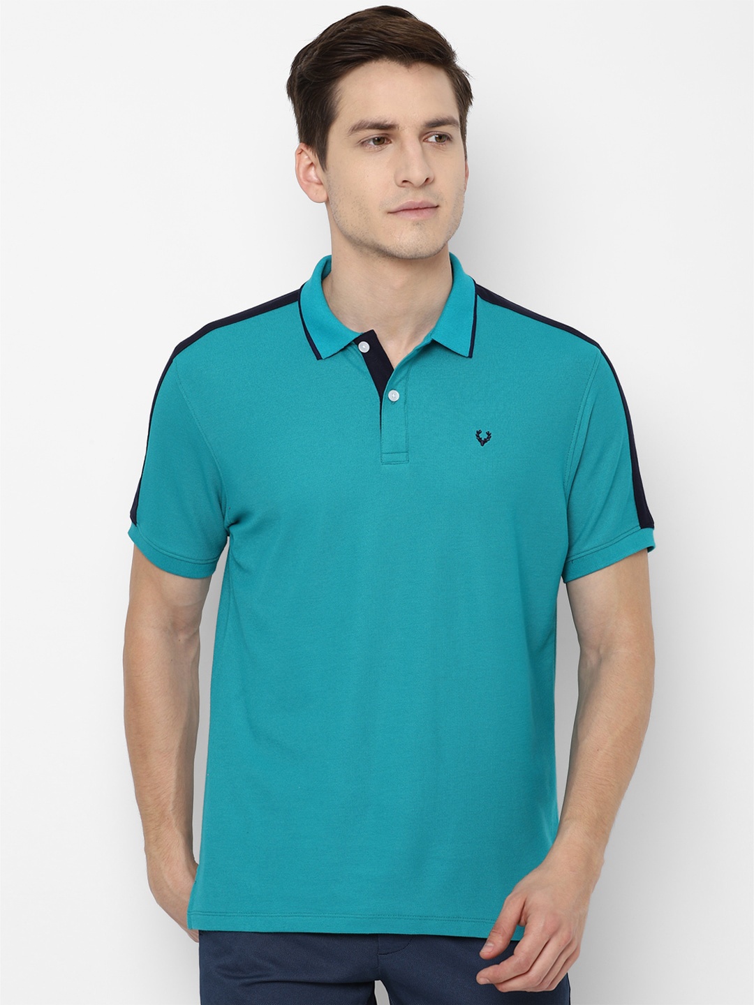 

Allen Solly Men Blue & Black Placement Striped Polo Collar Pure Cotton Regular Fit T-shirt
