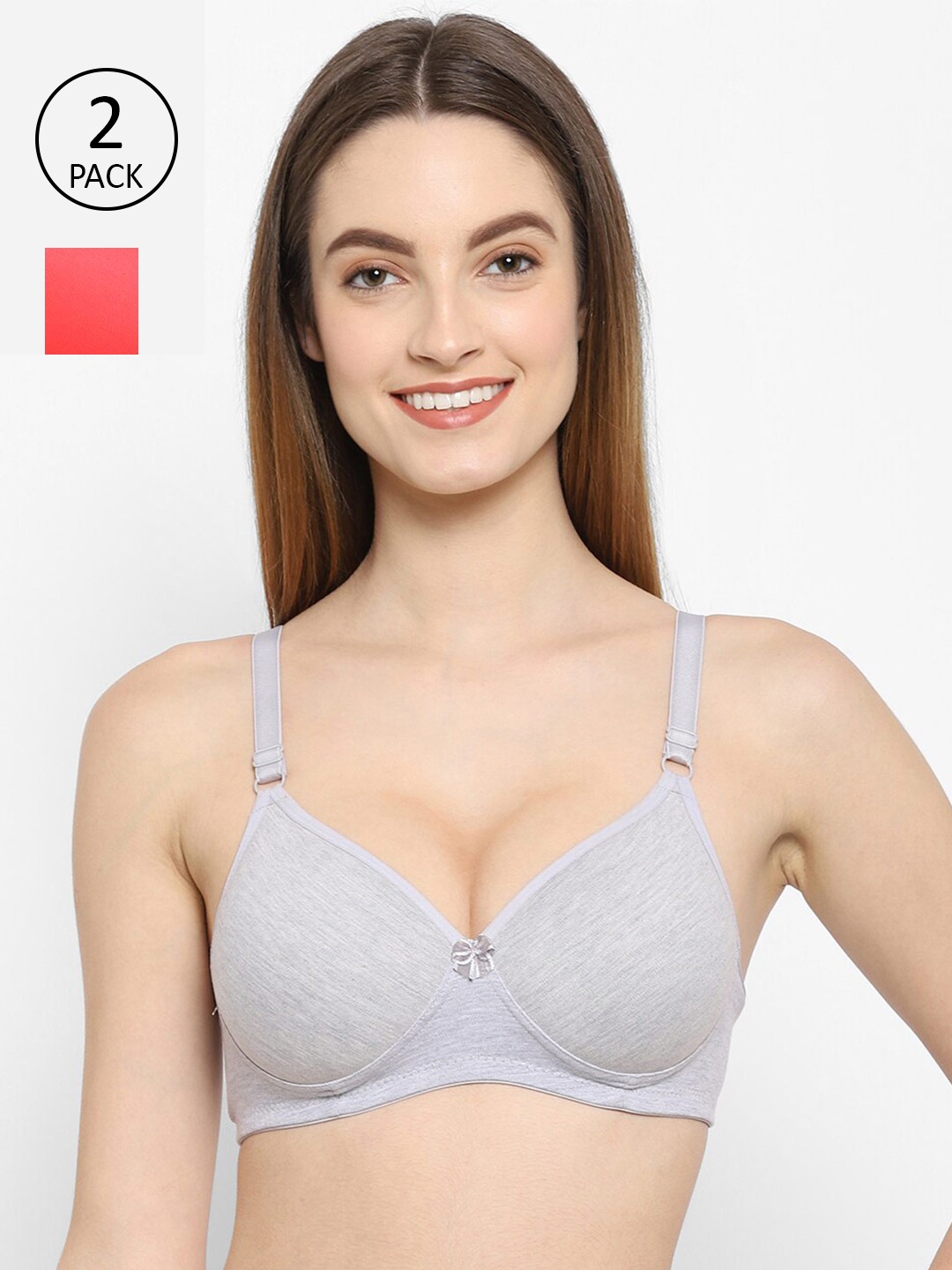 

Floret Grey Melange & Red Set Of 2 Non Wired Lightly Padded Bra