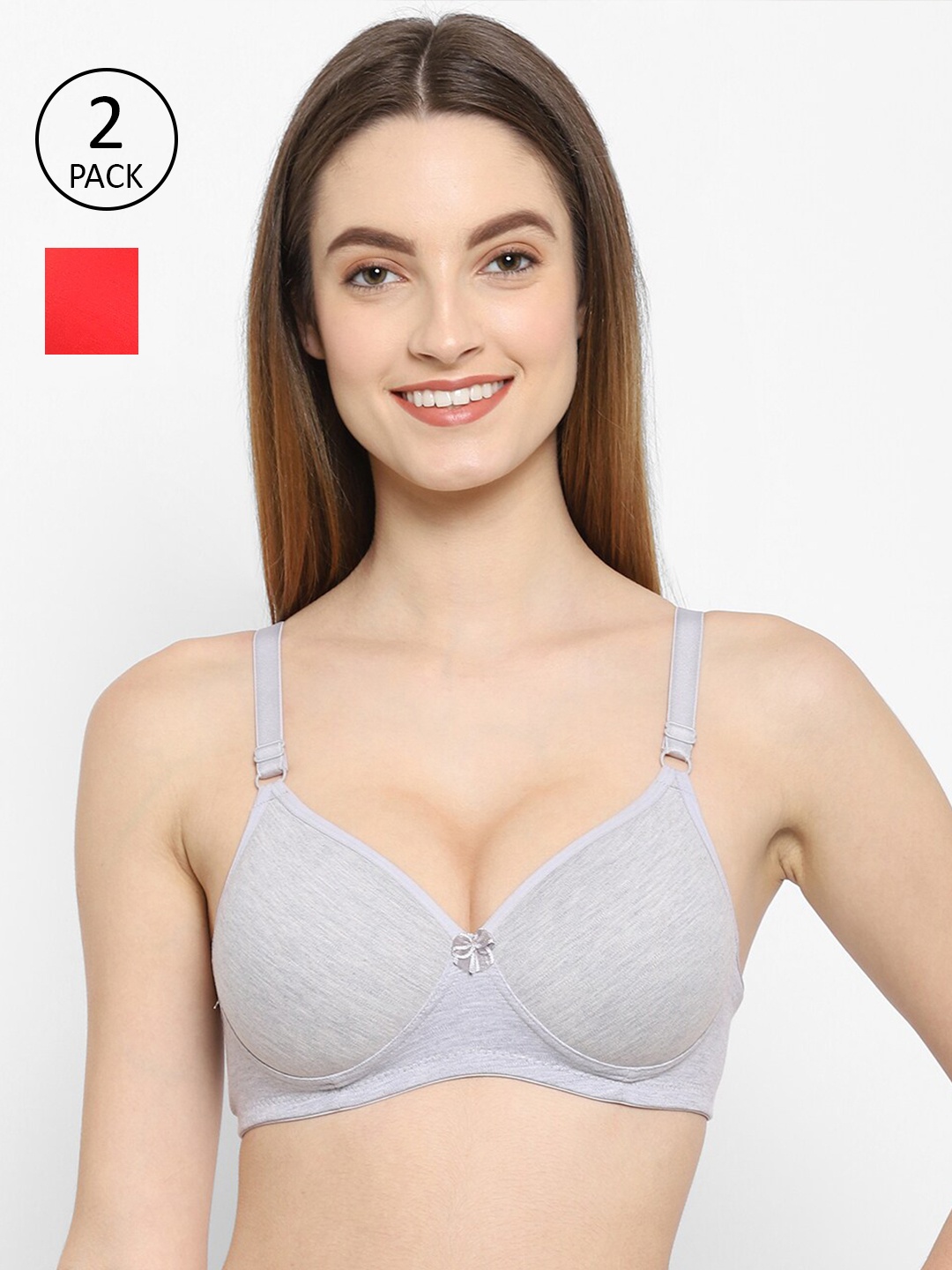 

Floret Grey Melange & Red Set Of 2 Lightly Padded Seamless Push-Up Bra