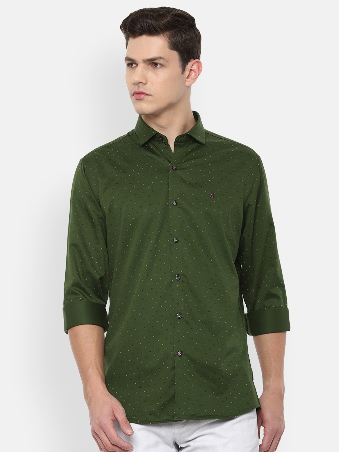 

Louis Philippe Sport Men Olive Green & White Slim Fit Printed Pure Cotton Casual Shirt